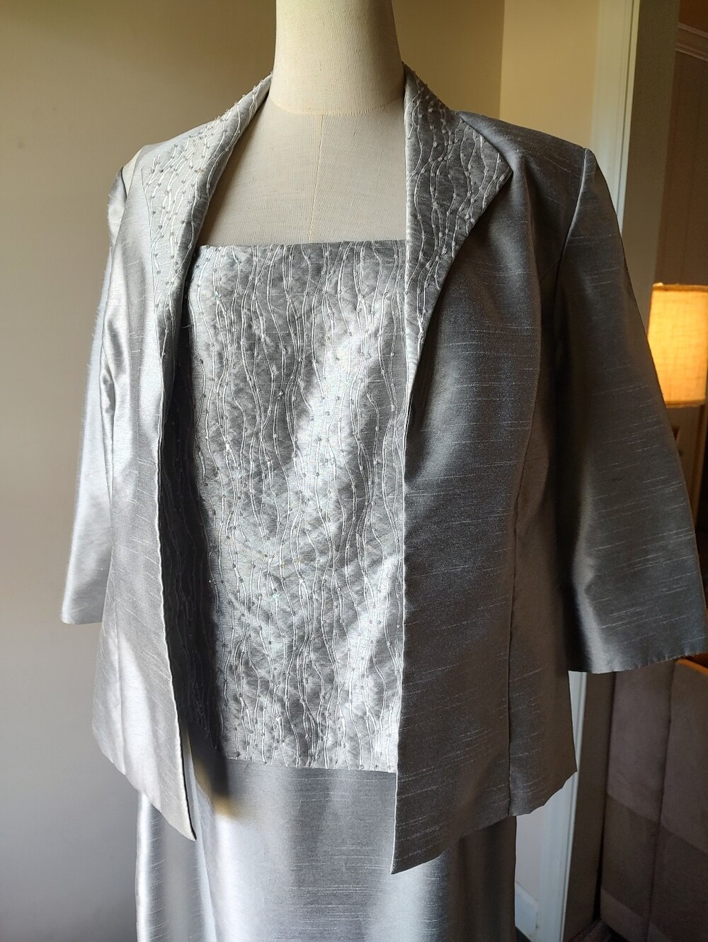 Alex Evening Silver Gray Beaded Sleeveless Jacket Set Suit Wedding Dress Gown 16
